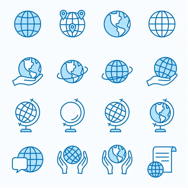 Globe Flat Line Icons Set Earth Worldwide Geography Global World — Stock Vector