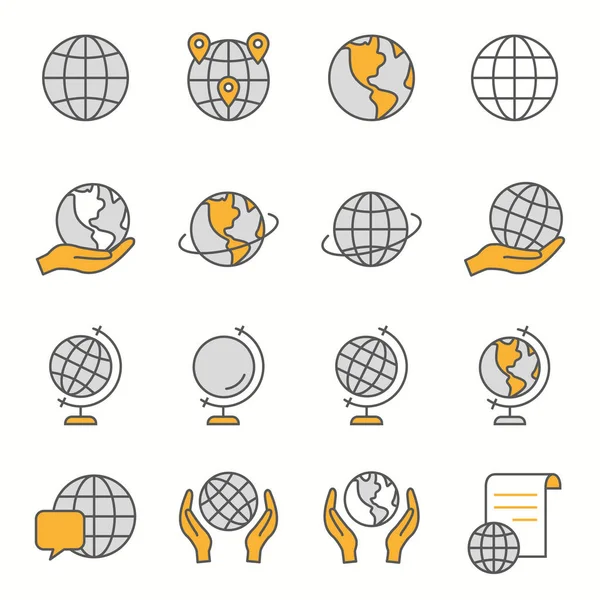 Globe Flat Line Icons Set Earth Worldwide Geography Global World — Stock Vector