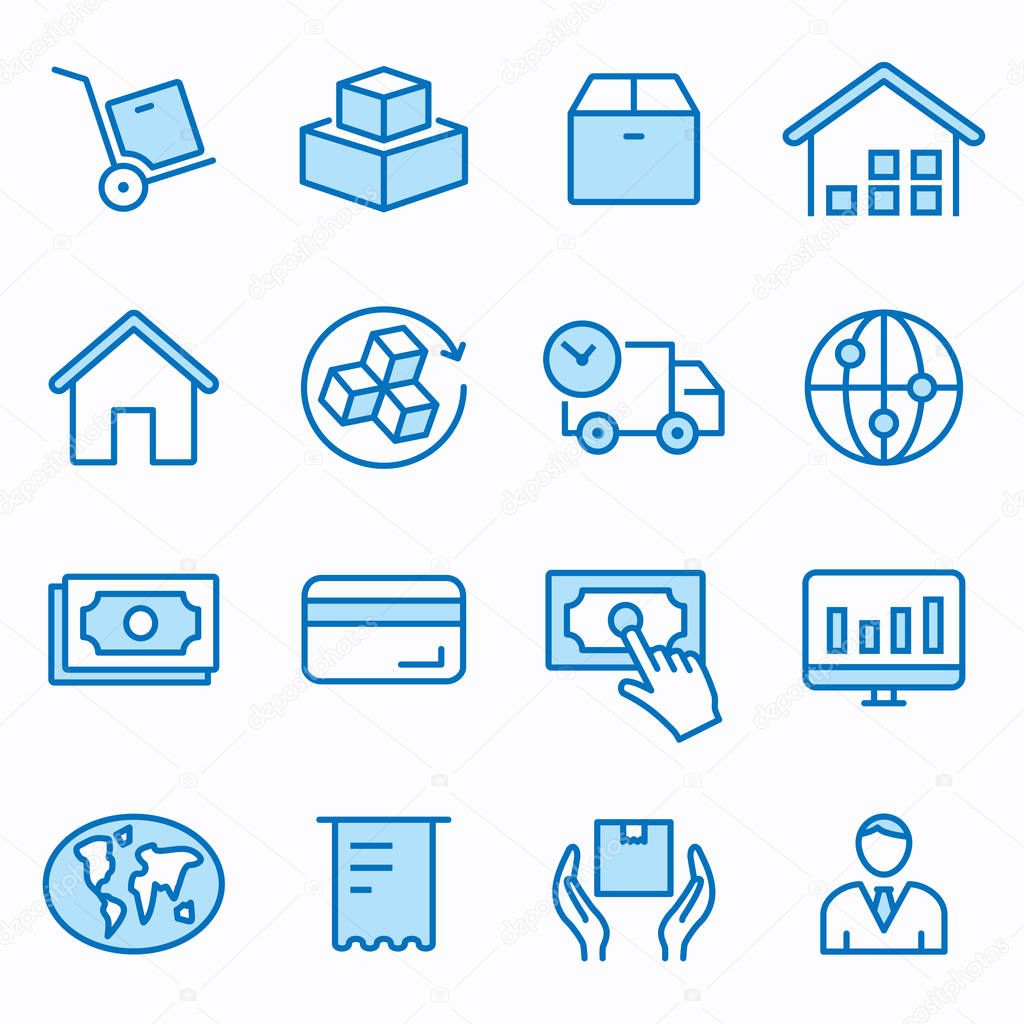 Logistics flat line icons. Set of container, cargo, transportation, box, delivery, and more. Editable Stroke. Change to any size and any colour.