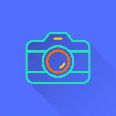 Fotoğraf vektör simge uzun gölge ile. İllüstrasyon izole grafik ve web tasarımı için mavi arka plan üzerinde.