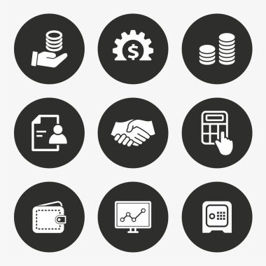 Yatırımlar para vektör simgesi. İş, finans, hesap, banka ve daha kümesi. Yuvarlak düğmesi.