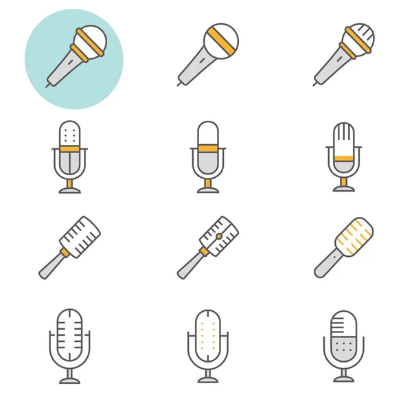 Microphone Flat Line Icons Set Audio Record Music Sound More — Stock Vector