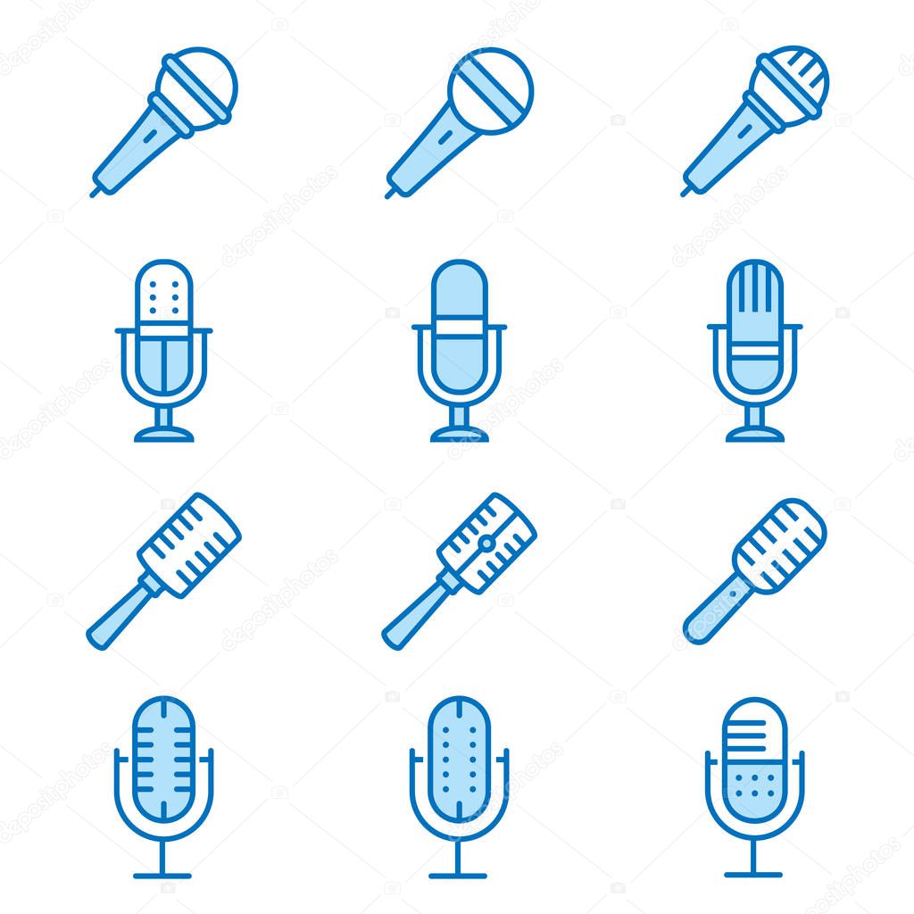 Microphone flat line icons. Set of audio, record, music, sound and more. Editable Stroke. Change to any size and any colour.