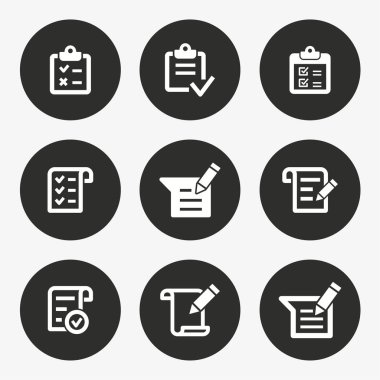 Anket vektör simgesi. Dizi dolgu, nitelik, görev, uyum, onaylama ve daha fazlası. Yuvarlak düğmesi.