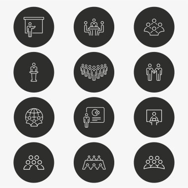 Konferans vektör simgesi. Tartışma, Toplantı, olay, iş ve daha fazla kümesi. Yuvarlak düğmesi.