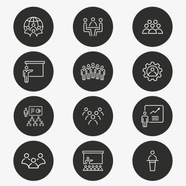 Konferans vektör simgesi. Tartışma, Toplantı, olay, iş ve daha fazla kümesi. Yuvarlak düğmesi.