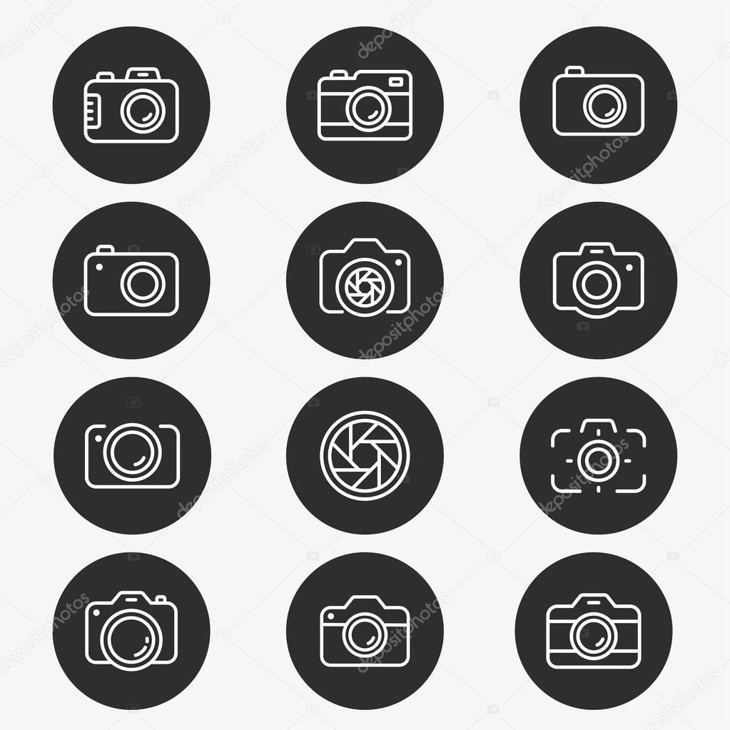 Photo vector icon. Set of camera, capture, cinema and more. Round button.