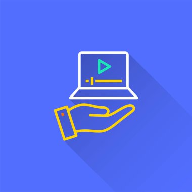 E-öğrenme uzaktan eğitim vektör simge uzun gölge ile. İllüstrasyon izole grafik ve web tasarımı için mavi arka plan üzerinde.