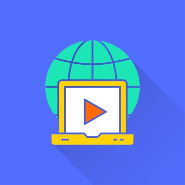 E-öğrenme uzaktan eğitim vektör simge uzun gölge ile. İllüstrasyon izole grafik ve web tasarımı için mavi arka plan üzerinde.