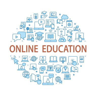 E-öğrenme uzaktan eğitim anahat Icons set arabirimi, Web sitesi, afiş, yazdırma için.