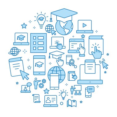 E-öğrenme uzaktan eğitim anahat Icons set arabirimi, Web sitesi, afiş, yazdırma için.