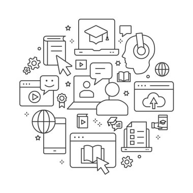 E-öğrenme uzaktan eğitim anahat Icons set arabirimi, Web sitesi, afiş, yazdırma için.