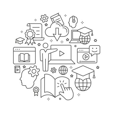E-öğrenme eğitim anahat Icons set arabirimi, Web sitesi, afiş, yazdırma için.