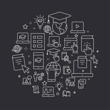 E-öğrenme uzaktan eğitim anahat Icons set arabirimi, Web sitesi, afiş, yazdırma için.