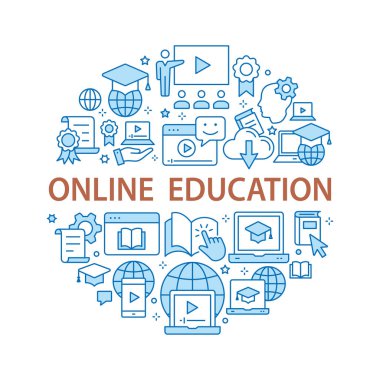E-öğrenme uzaktan eğitim anahat Icons set arabirimi, Web sitesi, afiş, yazdırma için.