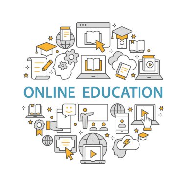 E-öğrenme uzaktan eğitim anahat Icons set arabirimi, Web sitesi, afiş, yazdırma için.