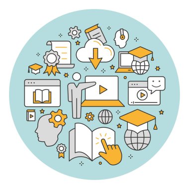 E-öğrenme uzaktan eğitim anahat Icons set arabirimi, Web sitesi, afiş, yazdırma için.