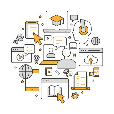 E-öğrenme uzaktan eğitim anahat Icons set arabirimi, Web sitesi, afiş, yazdırma için.