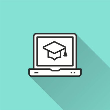 E-öğrenme uzaktan eğitim vektör simge uzun gölge ile. İllüstrasyon izole grafik ve web tasarımı için mavi arka plan üzerinde.