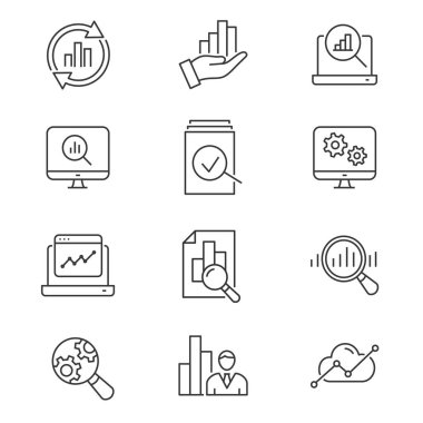 Veri analiz satırı simgeler. Küme iş, araştırma, Pazar, compute, istatistik ve daha fazlası. Grafik ve web tasarım için izole illüstrasyon vektör. Düzenlenebilir kontur.