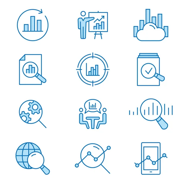 Analisi Dei Dati Icone Linea Piatta Serie Ricerca Calcolo Statistica — Vettoriale Stock