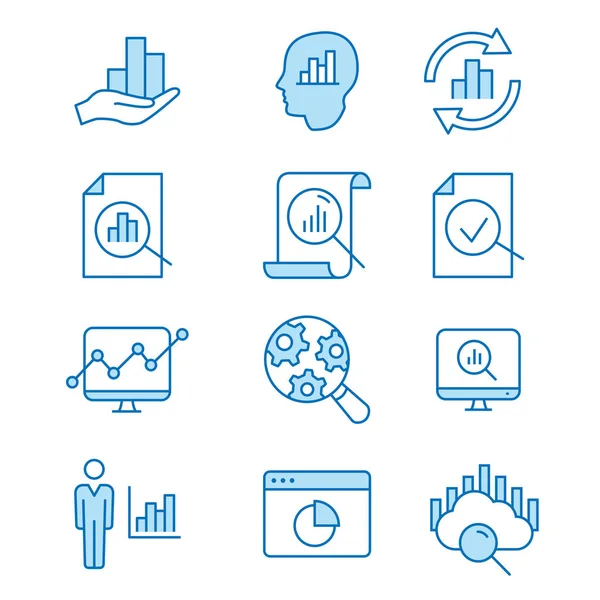 Analyse Données Icônes Ligne Plate Ensemble Recherches Calculs Statistiques Informations — Image vectorielle