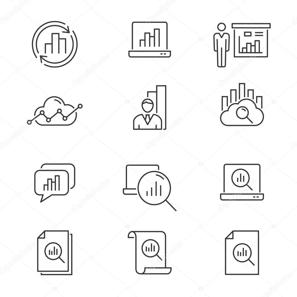 Data analysis line icons. Set of business, research, market, compute, statistic and more. Vector illustration isolated for graphic and web design. Editable stroke.