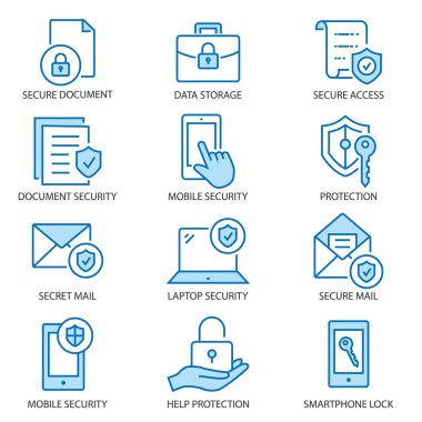 Veri güvenlik düz çizgi Icon set. Vektör çizim. Düzenlenebilir kontur.