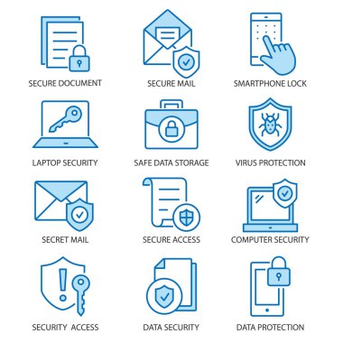 Veri güvenlik düz çizgi Icon set. Vektör çizim. Düzenlenebilir kontur.