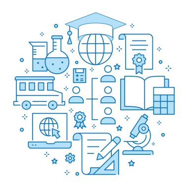 Eğitim daire arayüzü için düz çizgi simgeleri şablonu, yazdırma.