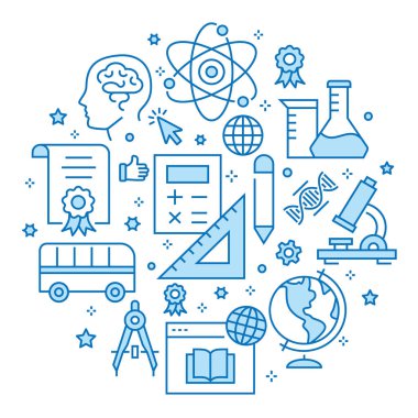 Eğitim daire arayüzü için düz çizgi simgeleri şablonu, yazdırma.