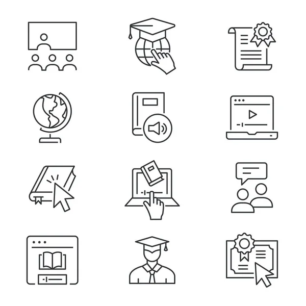 Iconos de línea de educación en línea establecidos. Ilustración vectorial negra. Carrera editable . — Vector de stock