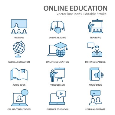 Online uzaktan eğitim düz çizgi simgeleri. Kullanılabilir Vuruşlar.