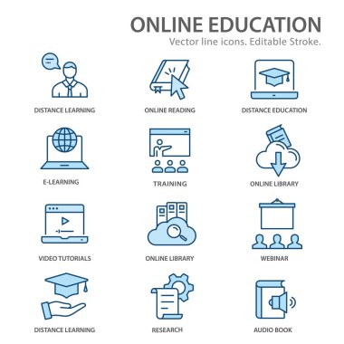 Online uzaktan eğitim düz çizgi simgeleri. Kullanılabilir Vuruşlar.