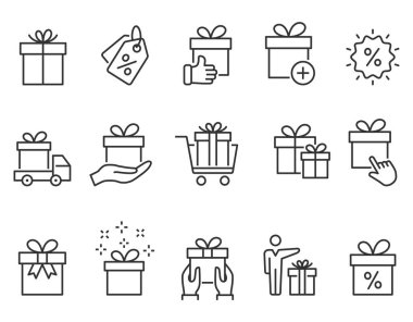 Hediye kutusu satır simgeleri ayarlayın. Siyah vektör illüstrasyon. Kullanılabilir kontur.