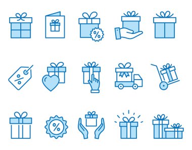 Hediye kutusu simgeleri ayarlanır. Siyah vektör illüstrasyon. Kullanılabilir kontur.