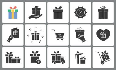 Hediye kutusu simgeleri ayarlanır. Siyah vektör çizimi.