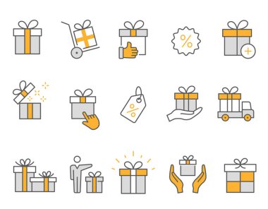 Hediye kutusu simgeleri ayarlanır. Siyah vektör illüstrasyon. Kullanılabilir kontur.