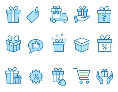 Hediye kutusu simgeleri ayarlanır. Siyah vektör illüstrasyon. Kullanılabilir kontur.