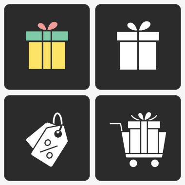 Siyah arka planda ayarlanan hediye kutusu vektör simgesi.