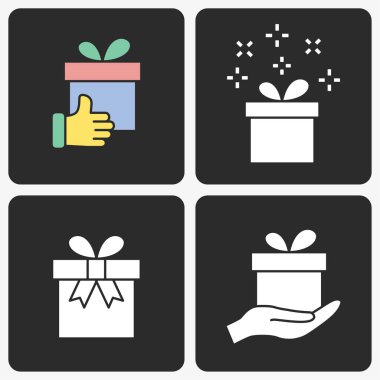 Siyah arka planda ayarlanan hediye kutusu vektör simgesi.