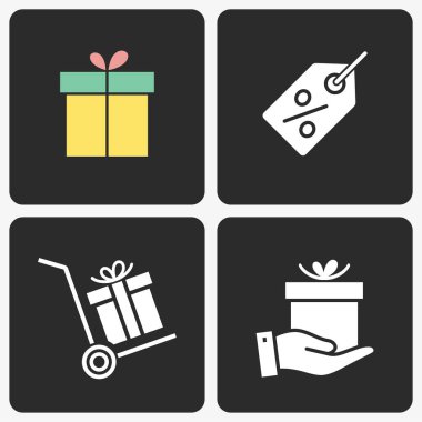 Siyah arka planda ayarlanan hediye kutusu vektör simgesi.