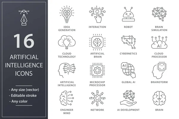 Ícones de linha de inteligência artificial definidos. Ilustração vetorial preta. AVC editável . —  Vetores de Stock