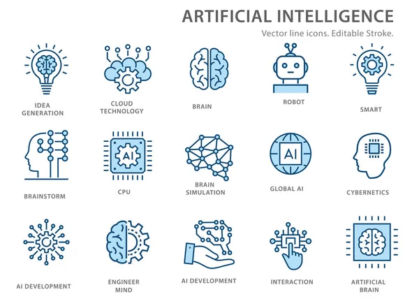 Set di icone della linea di intelligenza artificiale. Illustrazione vettoriale. Ictus modificabile . — Vettoriale Stock