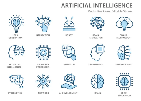 Set di icone della linea di intelligenza artificiale. Illustrazione vettoriale. Ictus modificabile . — Vettoriale Stock