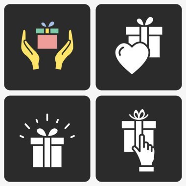 Siyah arka planda ayarlanan hediye kutusu vektör simgesi.