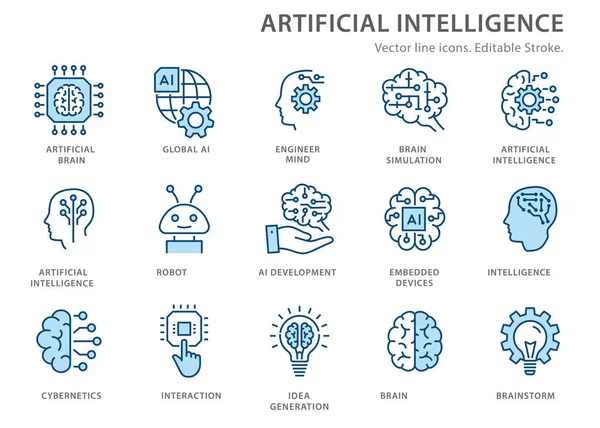 Set di icone della linea di intelligenza artificiale. Illustrazione vettoriale. Ictus modificabile . — Vettoriale Stock
