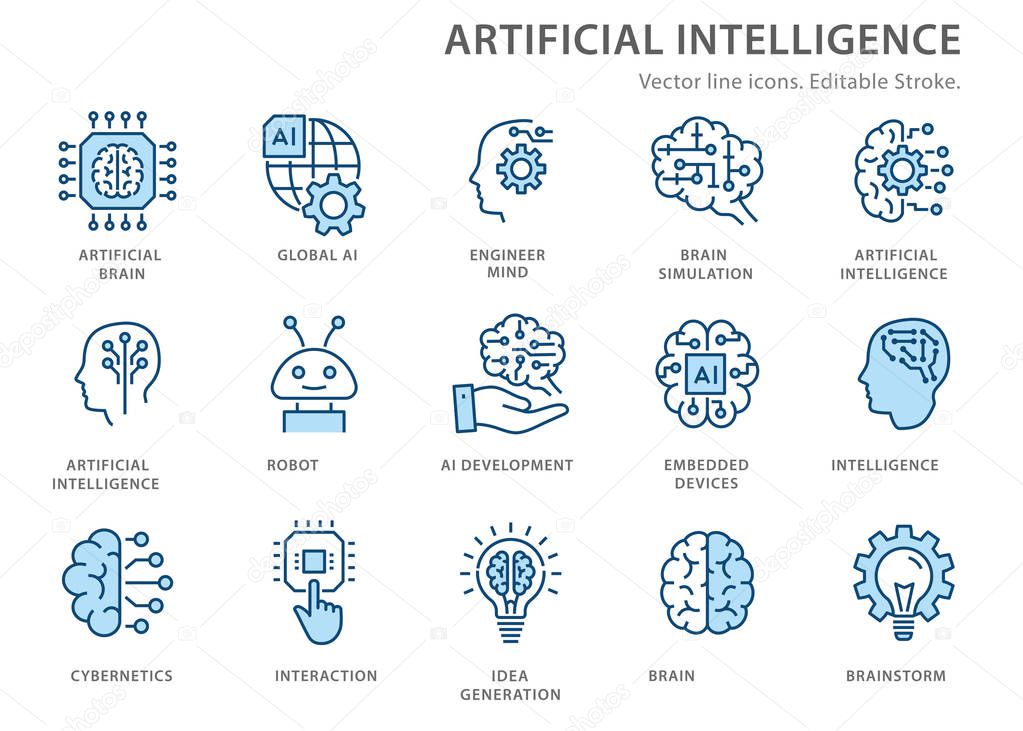 Artificial intelligence line icons set. Vector illustration. Editable stroke.