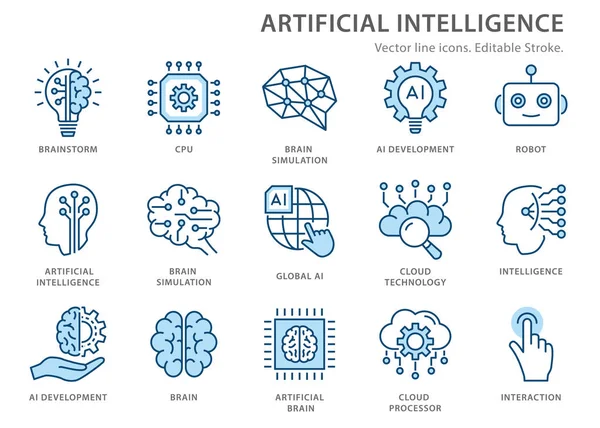 Set di icone della linea di intelligenza artificiale. Illustrazione vettoriale. Ictus modificabile . — Vettoriale Stock