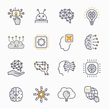 Yapay zeka simgeleri ayarlandı. Vektör illüstrasyon. Kullanılabilir kontur.